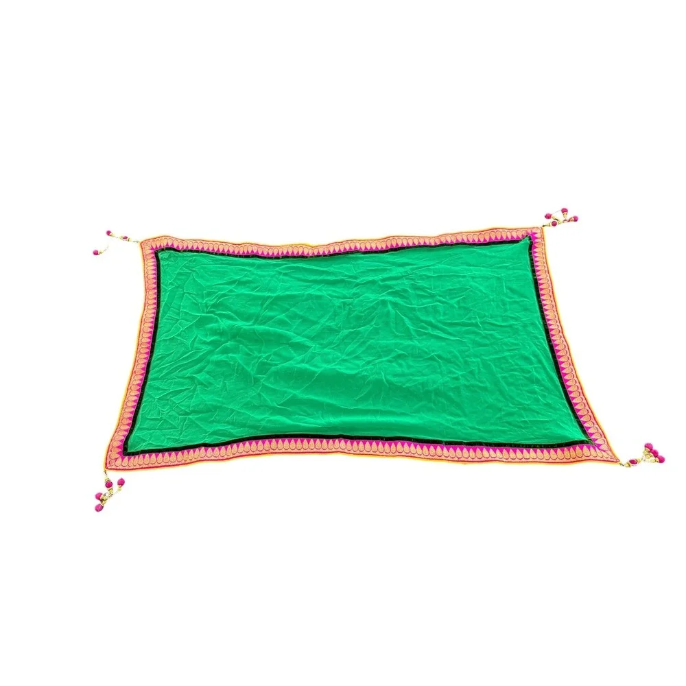 Green Dupatta Scarf Pink Gold Embroidered Border Tassels Traditional Ethnic Wear